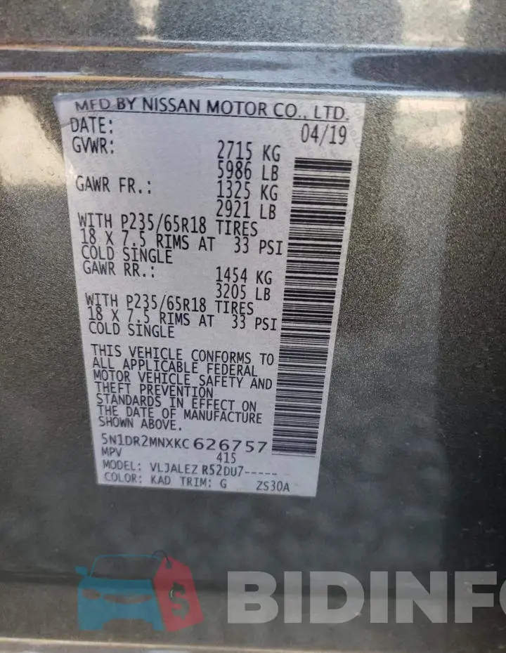 5N1DR2MNXKC626757 Photo# 10