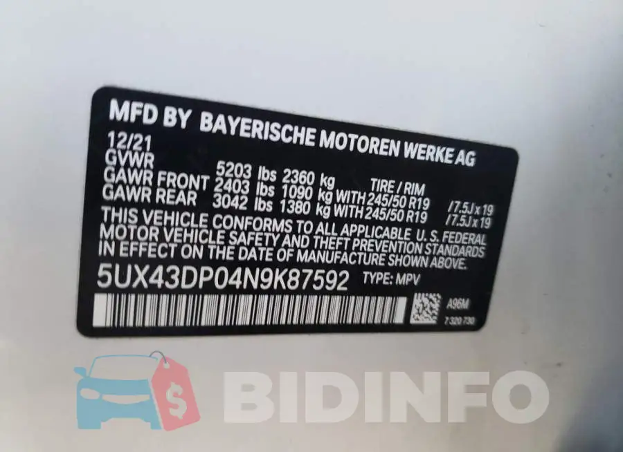 5UX43DP04N9K87592 Photo# 12