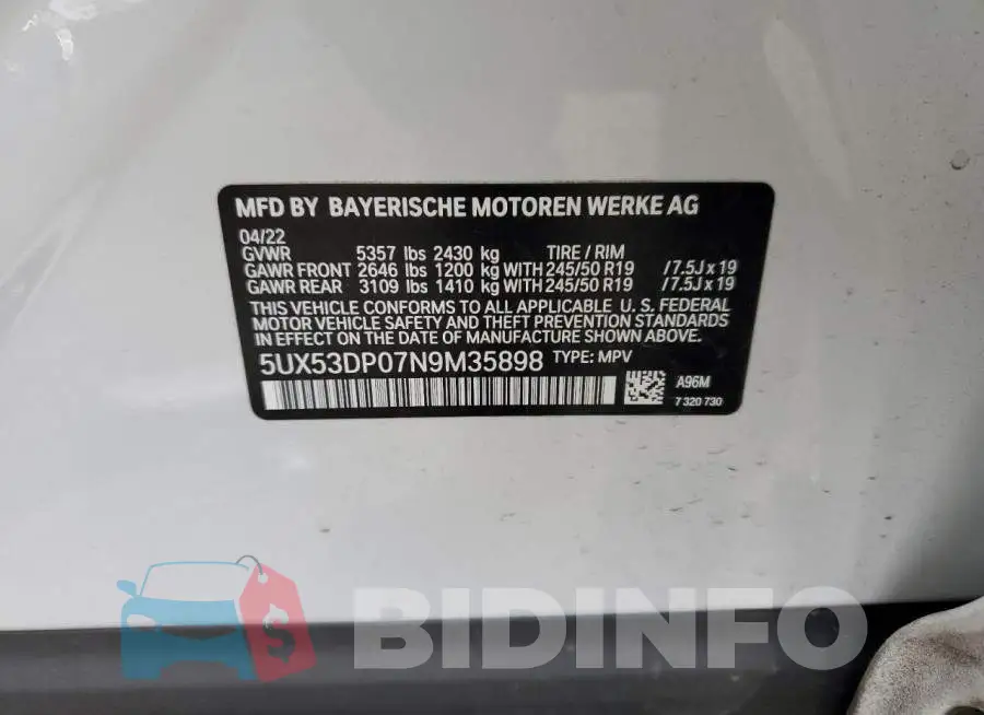 5UX53DP07N9M35898 Photo# 10