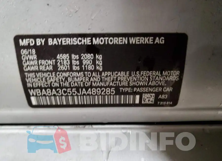 WBA8A3C55JA489285 Photo# 12