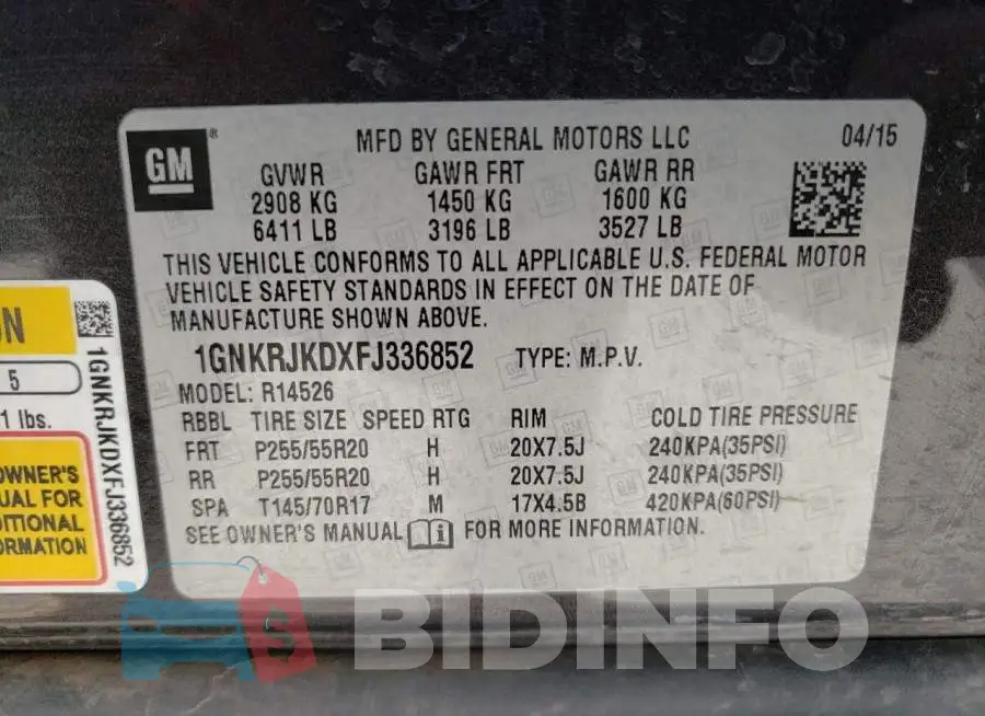 1GNKRJKDXFJ336852 Photo# 10