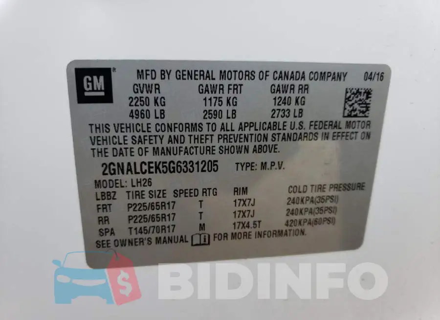 2GNALCEK5G6331205 Photo# 12