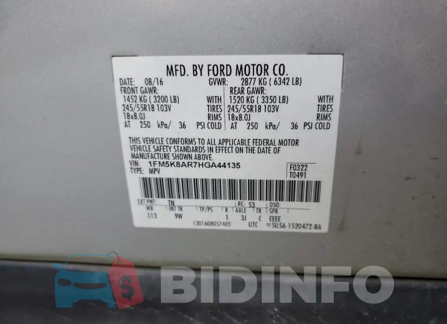1FM5K8AR7HGA44135 Photo# 13