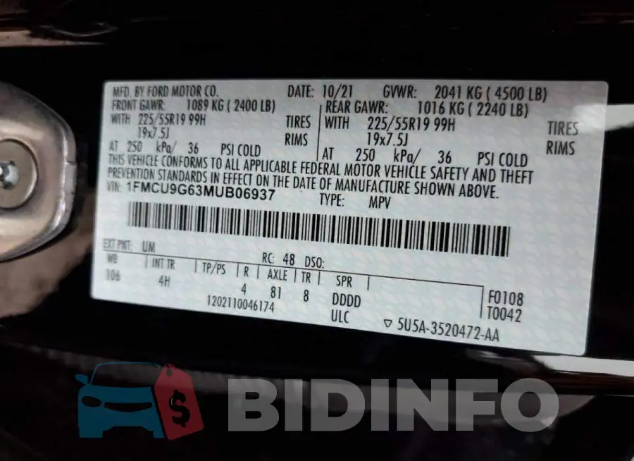 1FMCU9G63MUB06937 Photo# 10