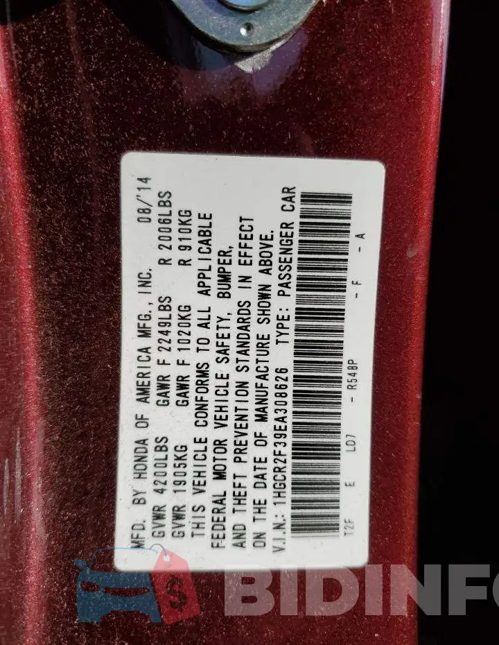 1HGCR2F39EA308626 Photo# 12
