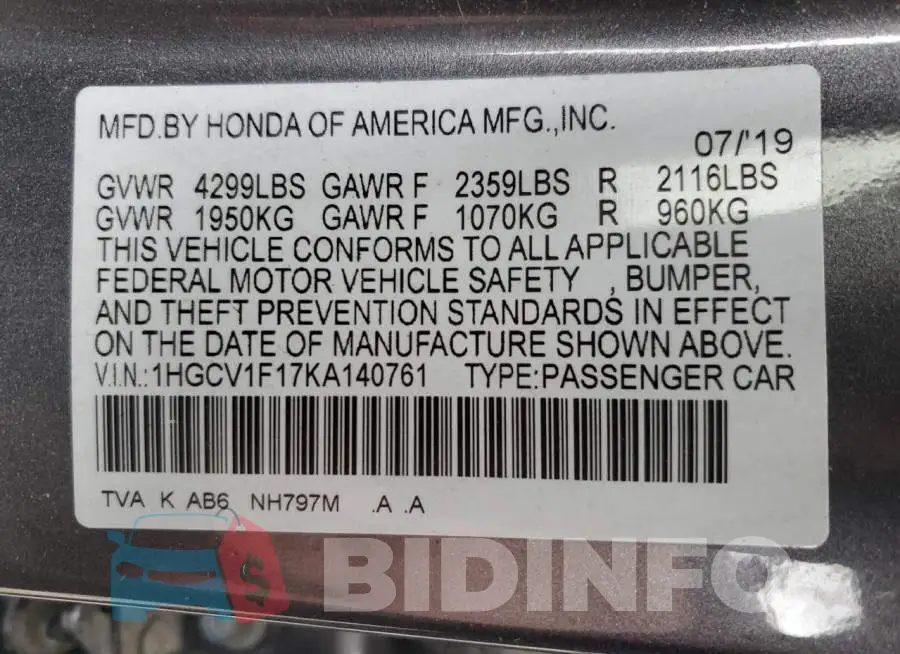 1HGCV1F17KA140761 Photo# 10