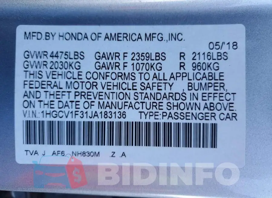 1HGCV1F31JA183136 Photo# 10