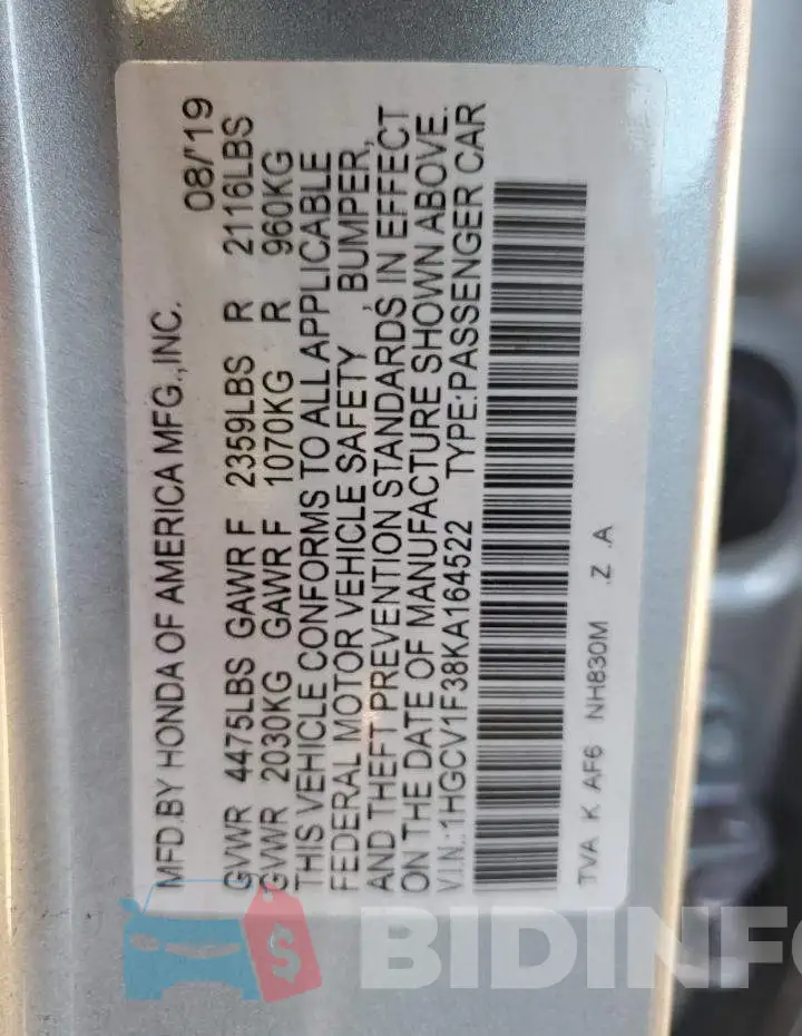 1HGCV1F38KA164522 Photo# 10