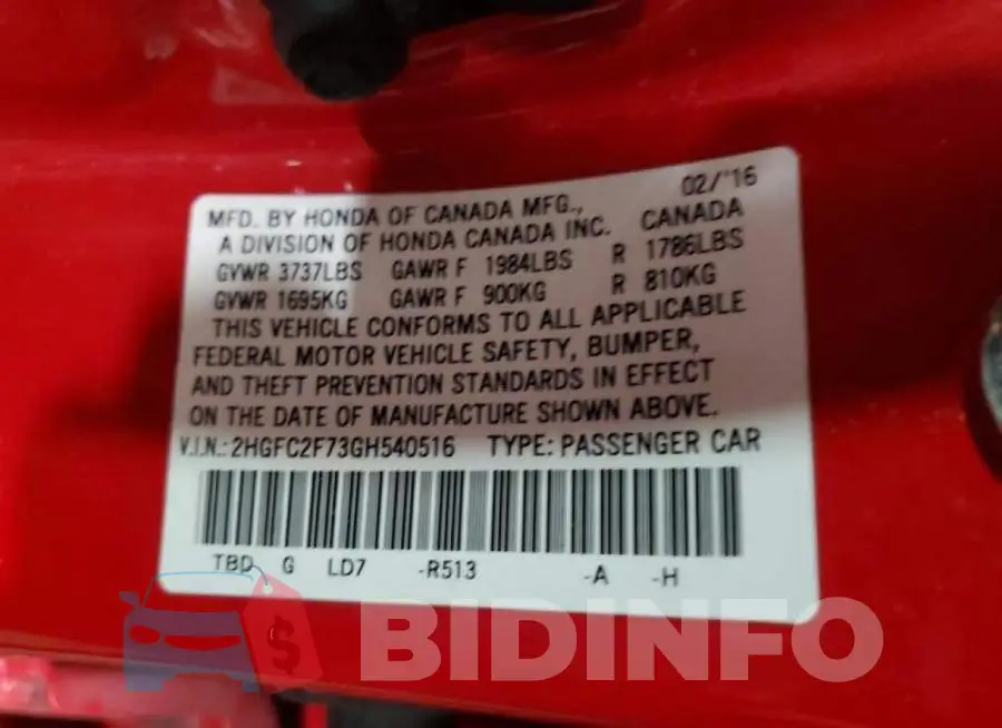2HGFC2F73GH540516 Photo# 12