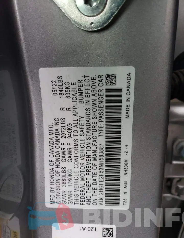 2HGFE2F53NH583887 Photo# 12