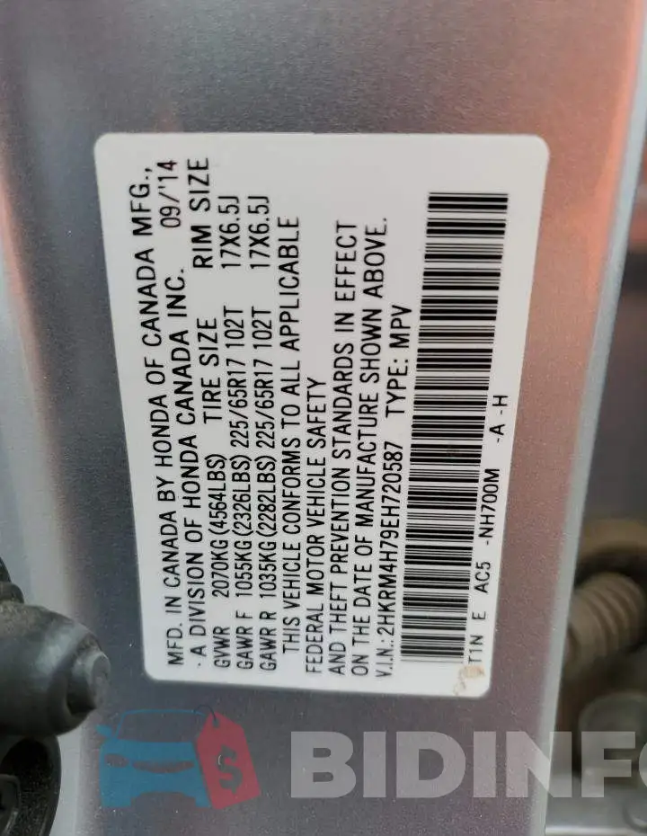 2HKRM4H79EH720587 Photo# 10