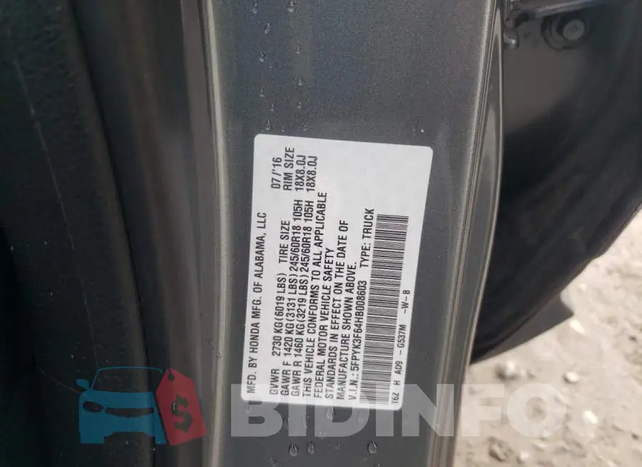 5FPYK3F64HB008603 Photo# 12