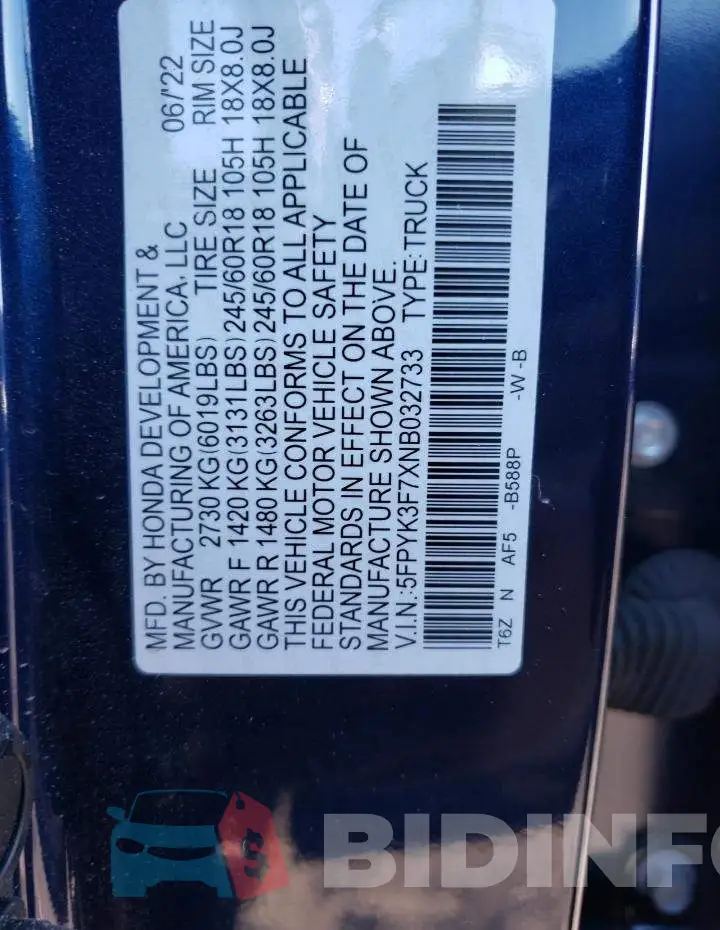5FPYK3F7XNB032733 Photo# 12