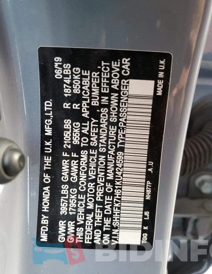 SHHFK7H61KU424599 Photo# 12