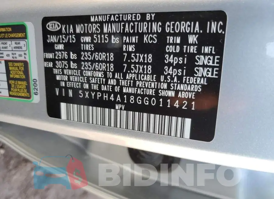 5XYPH4A18GG011421 Photo# 10