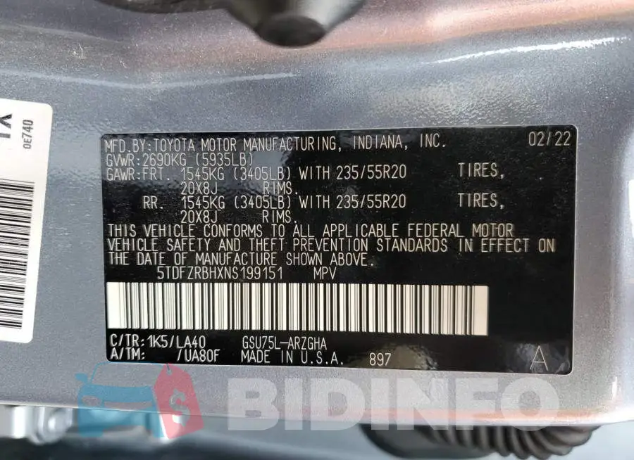5TDFZRBHXNS199151 Photo# 10