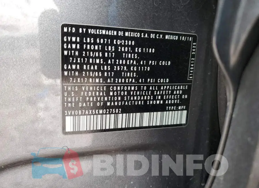 3VV0B7AX5KM027582 Photo# 13