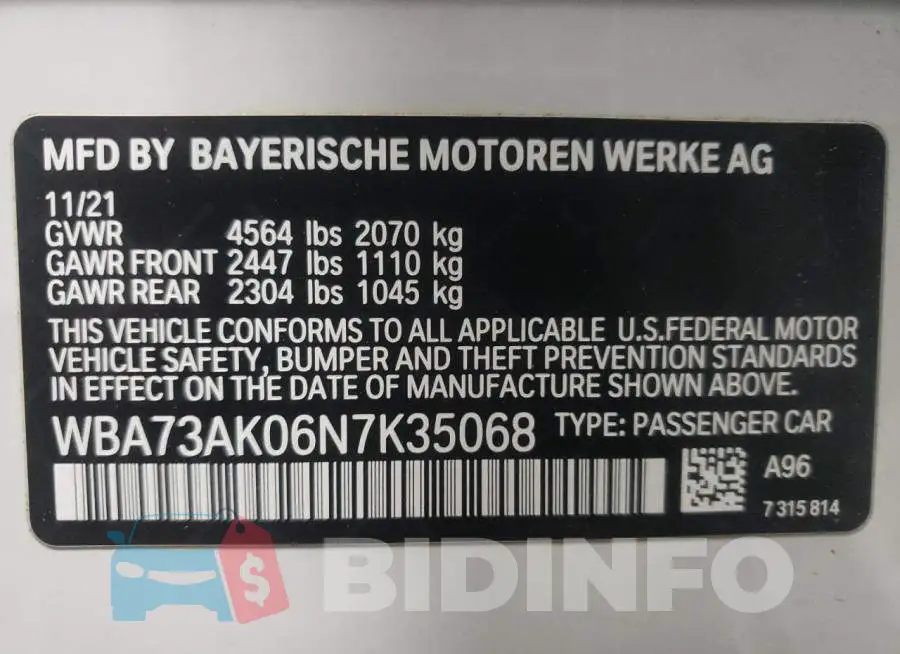 WBA73AK06N7K35068 Photo# 12