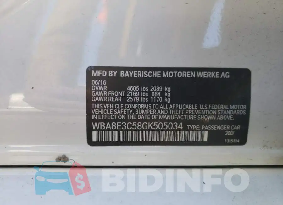 WBA8E3C58GK505034 Photo# 10