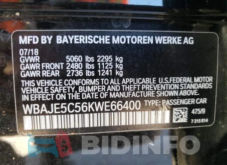 WBAJE5C56KWE66400 Photo# 12