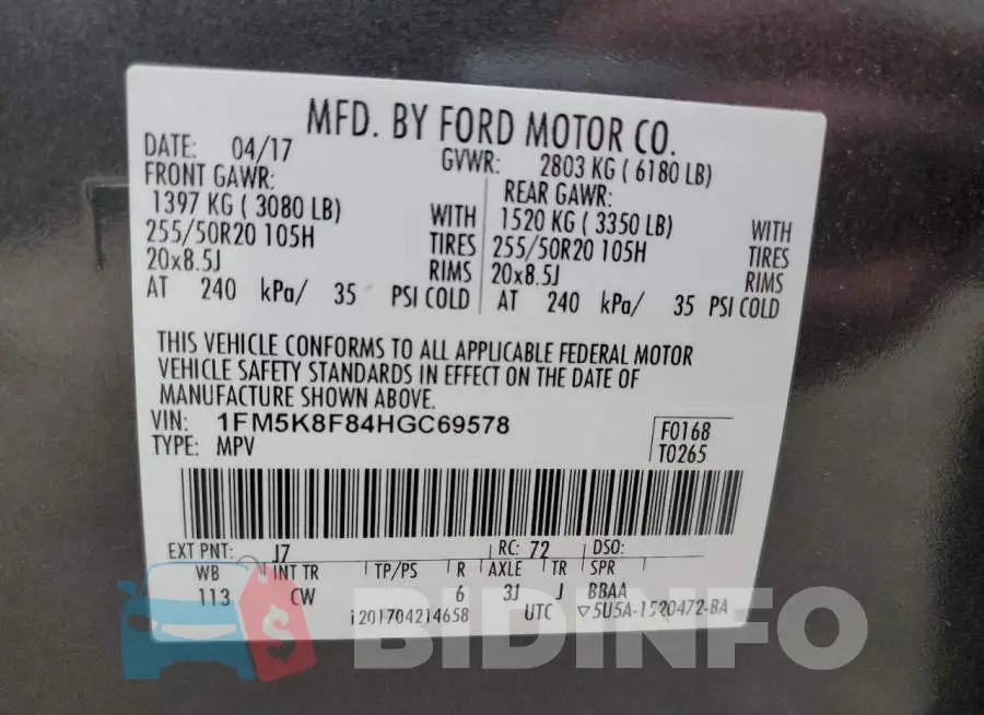 1FM5K8F84HGC69578 Photo# 10