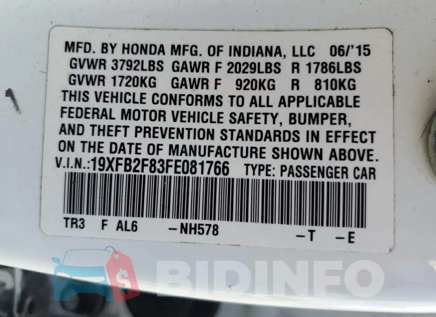 19XFB2F83FE081766 Photo# 12