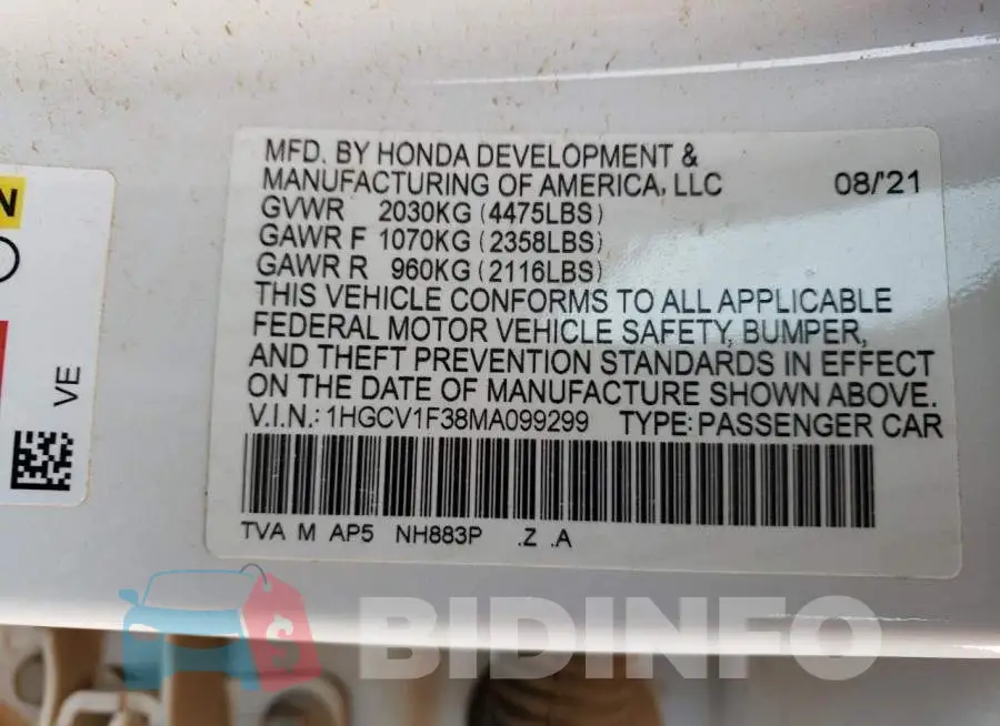 1HGCV1F38MA099299 Photo# 10