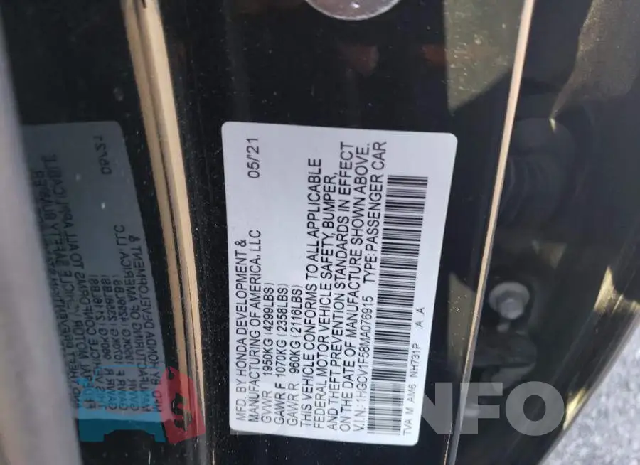 1HGCV1F58MA076915 Photo# 10
