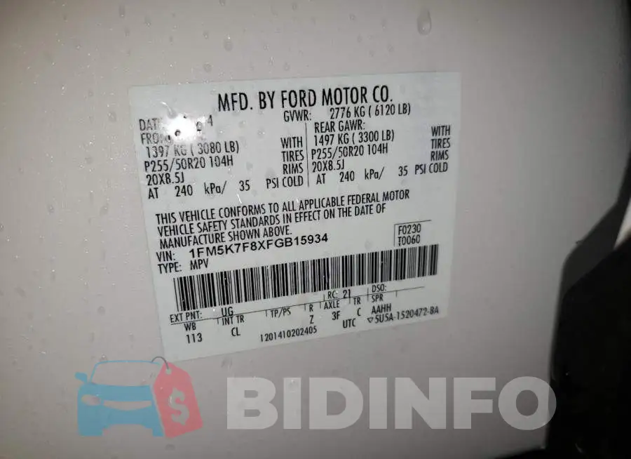 1FM5K7F8XFGB15934 Photo# 13