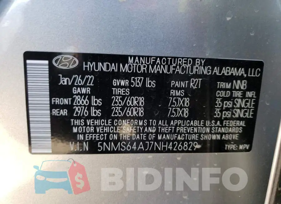 5NMS64AJ7NH426829 Photo# 14