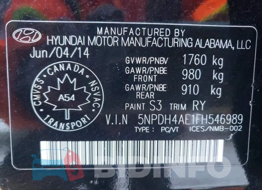 5NPDH4AE1FH546989 Photo# 12