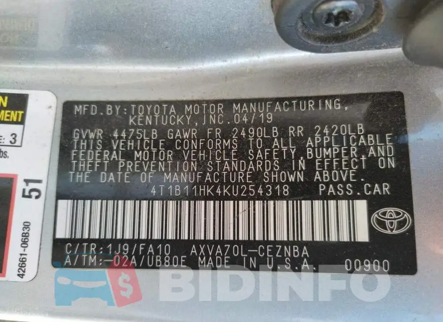 4T1B11HK4KU254318 Photo# 10