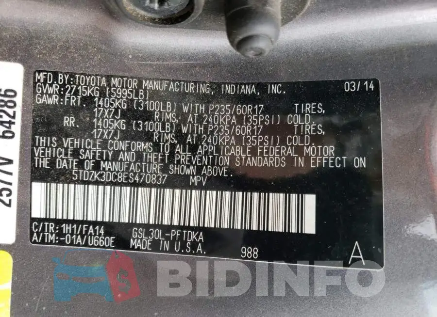 5TDZK3DC8ES470837 Photo# 13
