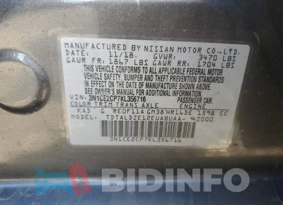 3N1CE2CP7KL356716 Photo# 10