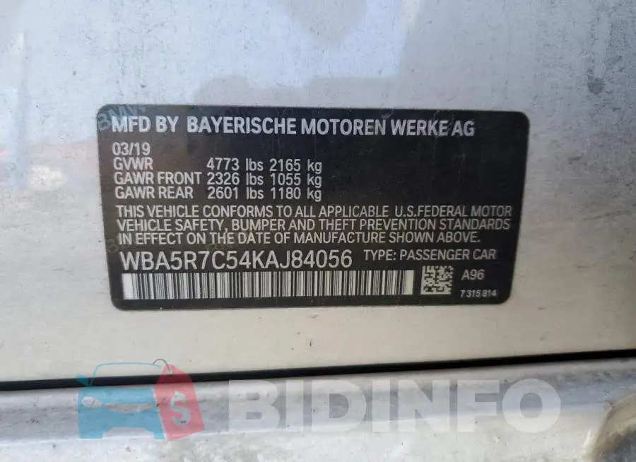 WBA5R7C54KAJ84056 Photo# 12