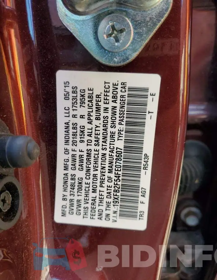 19XFB2F54FE078607 Photo# 10