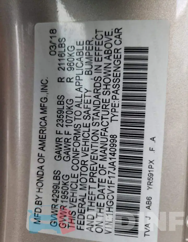1HGCV1F17JA140998 Photo# 12