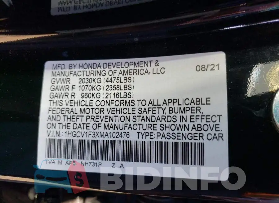 1HGCV1F3XMA102476 Photo# 10