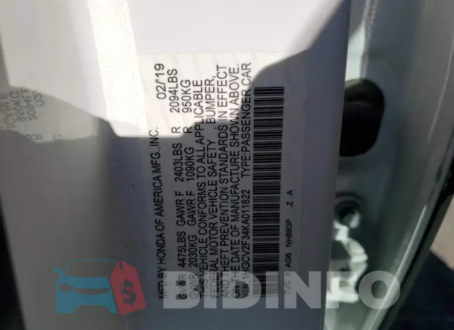 1HGCV2F34KA011822 Photo# 10