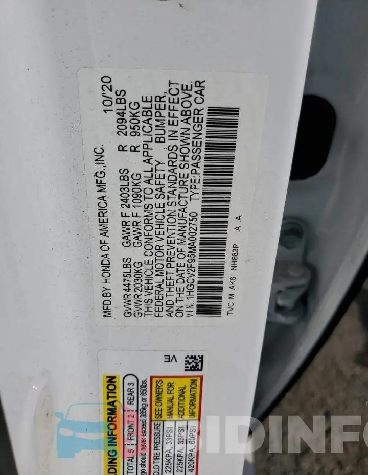 1HGCV2F95MA002750 Photo# 13