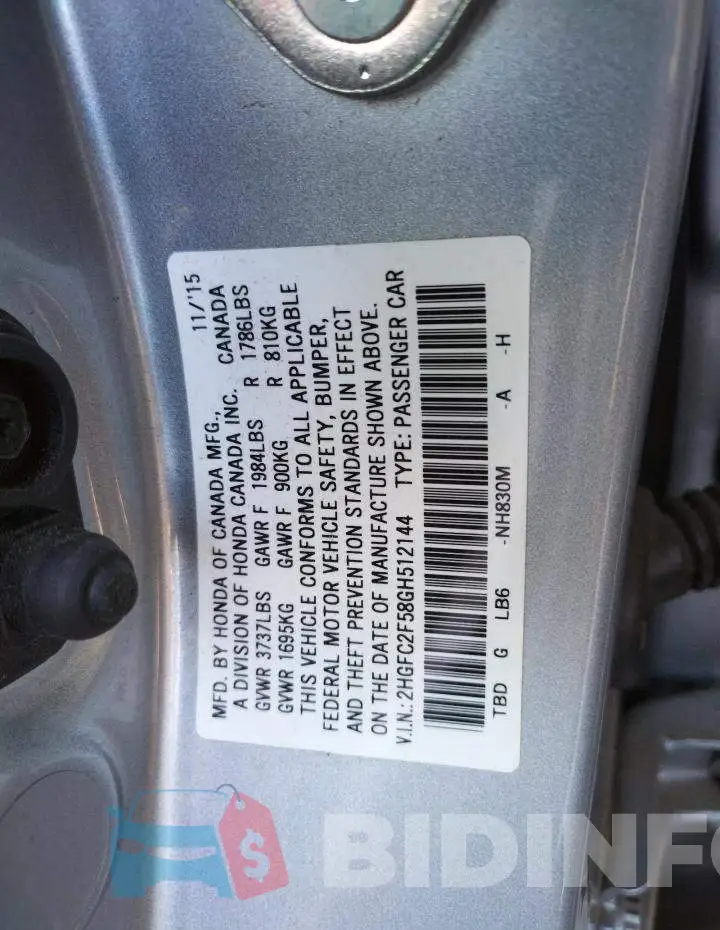 2HGFC2F58GH512144 Photo# 10