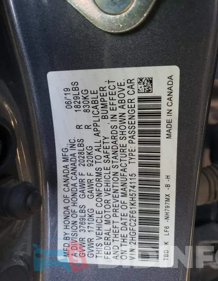 2HGFC2F61KH574115 Photo# 13