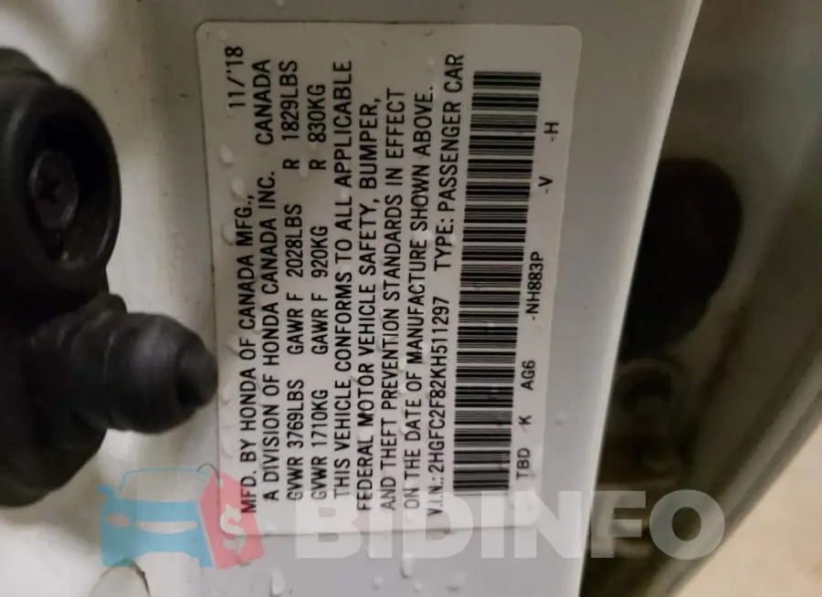 2HGFC2F82KH511297 Photo# 10
