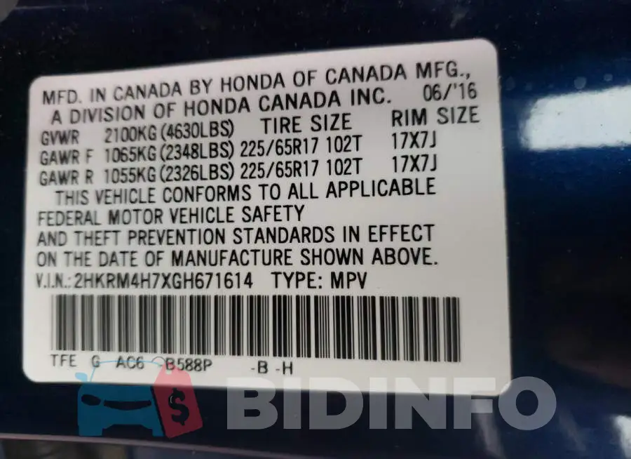 2HKRM4H7XGH671614 Photo# 12