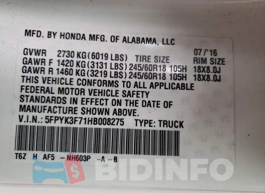 5FPYK3F71HB008275 Photo# 13