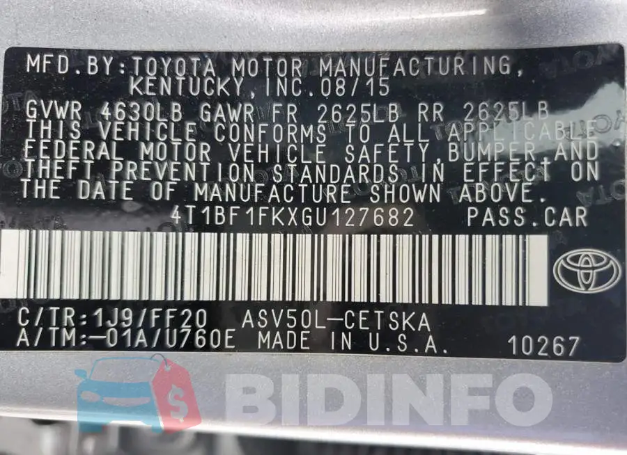 4T1BF1FKXGU127682 Photo# 12