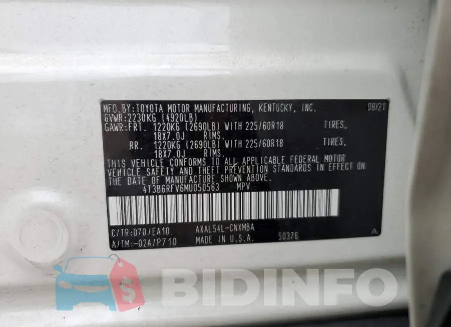 4T3B6RFV6MU050563 Photo# 10