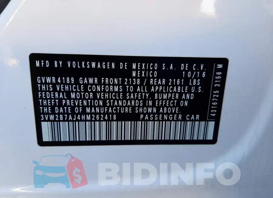 3VW2B7AJ4HM262418 Photo# 12