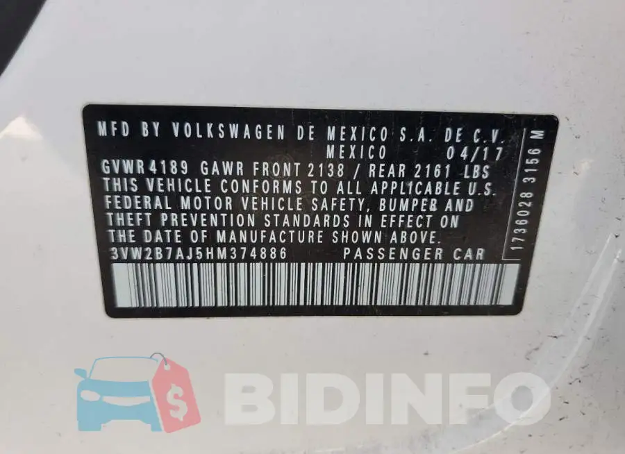 3VW2B7AJ5HM374886 Photo# 12