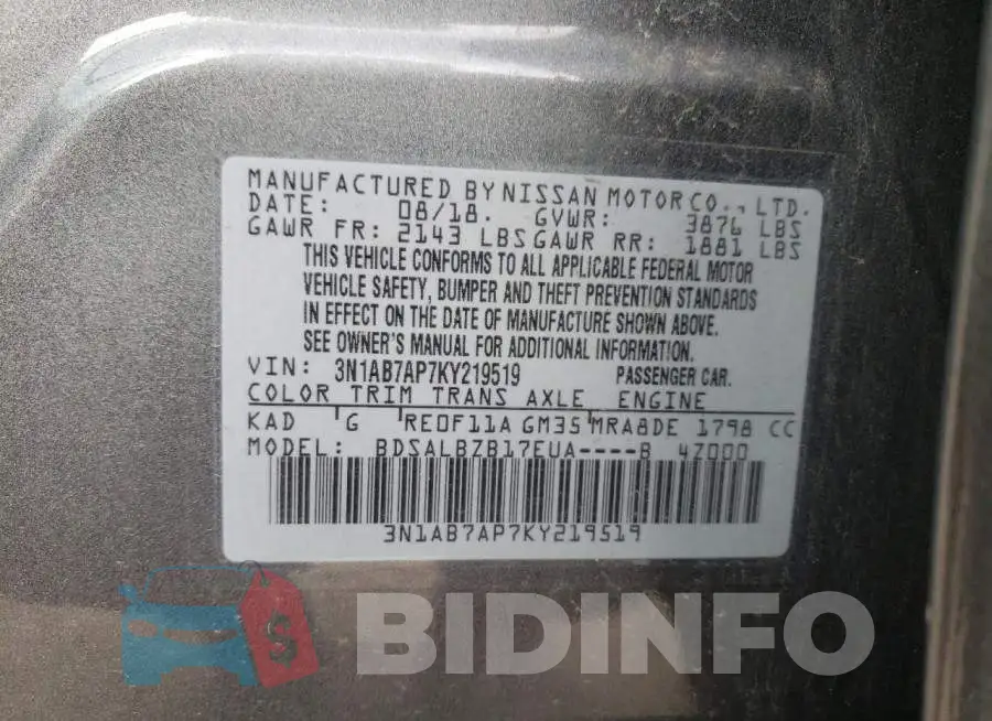 3N1AB7AP7KY219519 Photo# 12